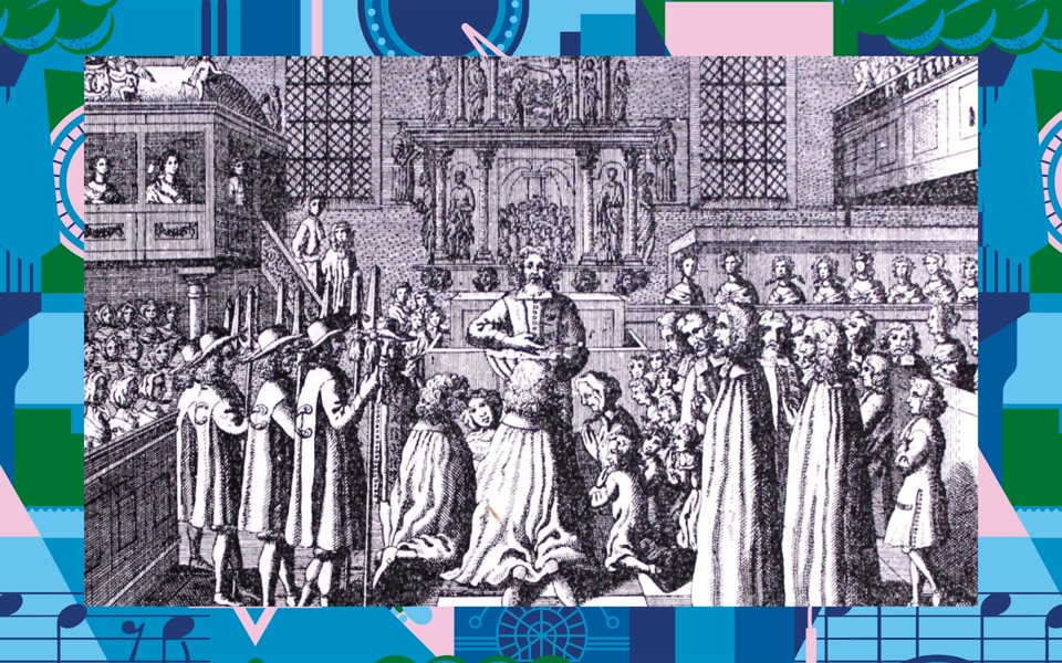 Dop i kyrka på 1600-talet. Kopparstick, bild.