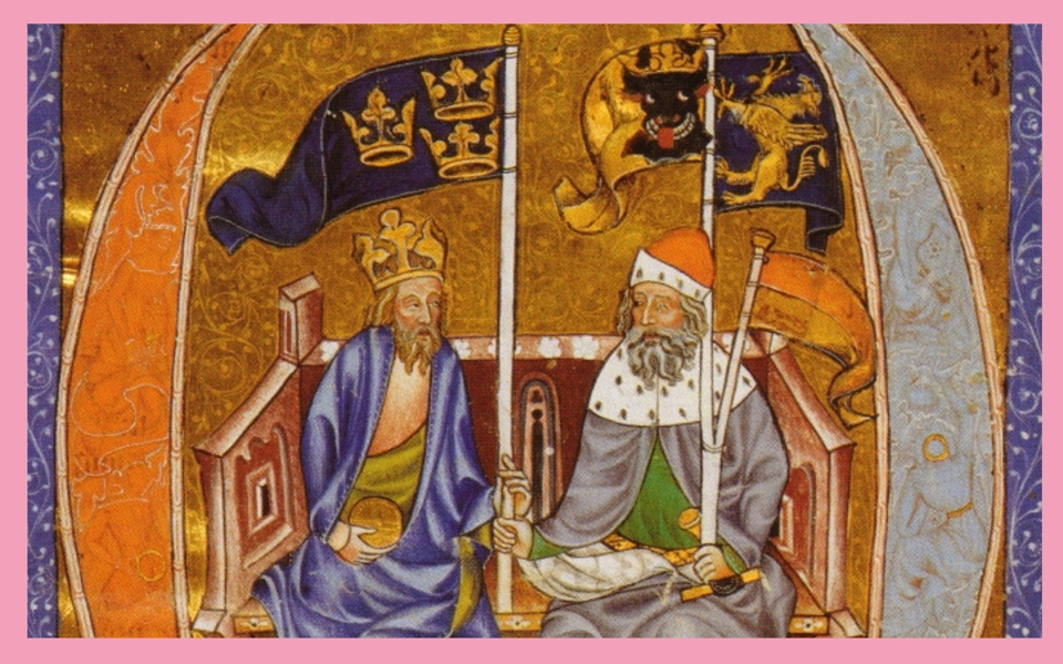 Kungligheter avbildade med fanor.